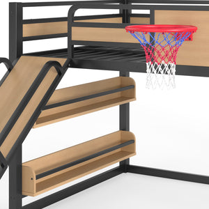 English Elm Twin Metal Loft Bed with Slide Basketball Hoop Climbing Wall and Built-in Shelves W1580S00632