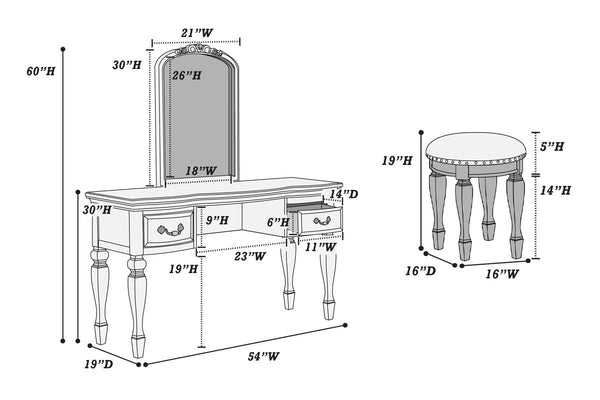English Elm Bedroom Classic Vanity Set with Carved Mirror, Cushioned Stool & Drawers — Vintage Charm, Elegant Storage Black 27 L x 59.5 W x 19 H HS00F4009-ID-AHD