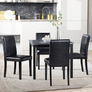 English Elm 5 Piece Wooden Dining Table Set - Elegant Square Table With Crystal Trim & 4 Upholstered Chairs, Black W1998S00041