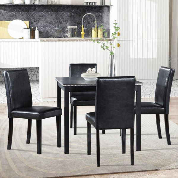 English Elm 5 Piece Wooden Dining Table Set - Elegant Square Table With Crystal Trim & 4 Upholstered Chairs, Black W1998S00041