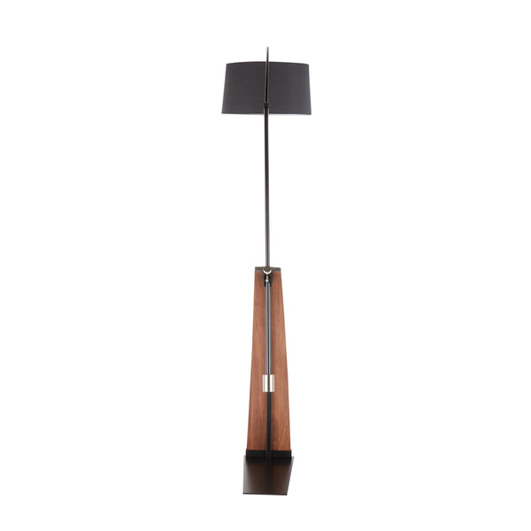 English Elm Mid-century Modern Arc Floor Lamp with Bentwood Base and Black Linen Reading Shade B202S02209