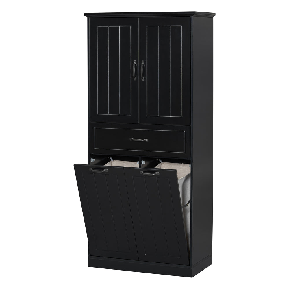 English Elm Christopher Knight Home® - Bathroom Storage Cabinet with Doors Drawer & Dual Laundry Baskets, MDF Build, Adjustable Shelf, Anti-Tip Device Black N759P243350B