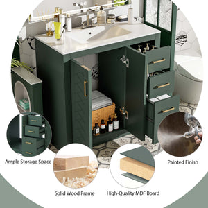 English Elm 36'' Bathroom Vanity with Ceramic Sink Combo Solid Wood Frame Soft-Closing Drawers Ample Storage Elegance Green N710P243327F