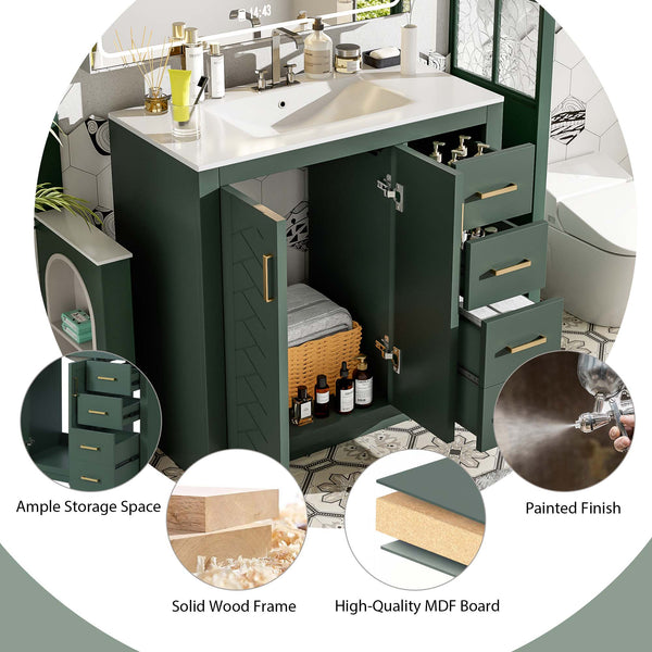 English Elm 36'' Bathroom Vanity with Ceramic Sink Combo Solid Wood Frame Soft-Closing Drawers Ample Storage Elegance Green N710P243327F