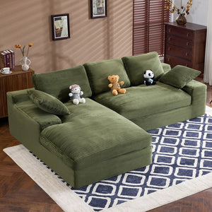 English Elm Green corduroy compressed sofa with 3 back cushions & 2 throw pillows — soft, resilient, space-saving comfort W3612S00016