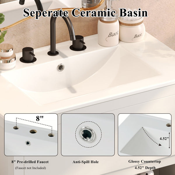 English Elm Christopher Knight Home® - 60" Double Sinks Bathroom Vanity Set with Two Ceramic Basins, Soft-Close Drawers, Sleek Handle-Free Design White N817P280550W