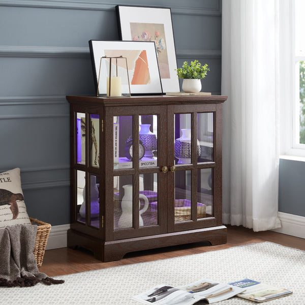 English Elm Led Curio Display Cabinet - Antique Cherry Showcase With Adjustable Shelves, Bluetooth Led Lights & More! W2275P231694