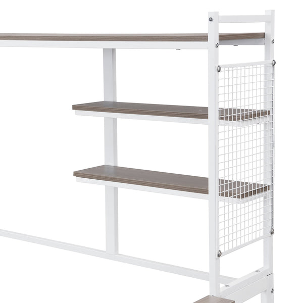 English Elm Full Size Metal Daybed With Movable Desk, Shelves & Clothes Hanger - Space-Saving Industrial Design N737P199321K