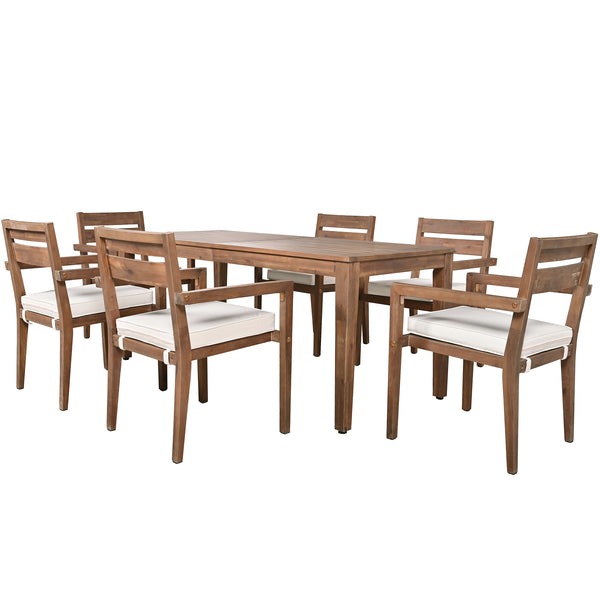 English Elm U_style Solid Acacia Wood Patio Dining Set Six Stackable Chairs Cushions Modern Outdoor Burly Wood WY000459AAD