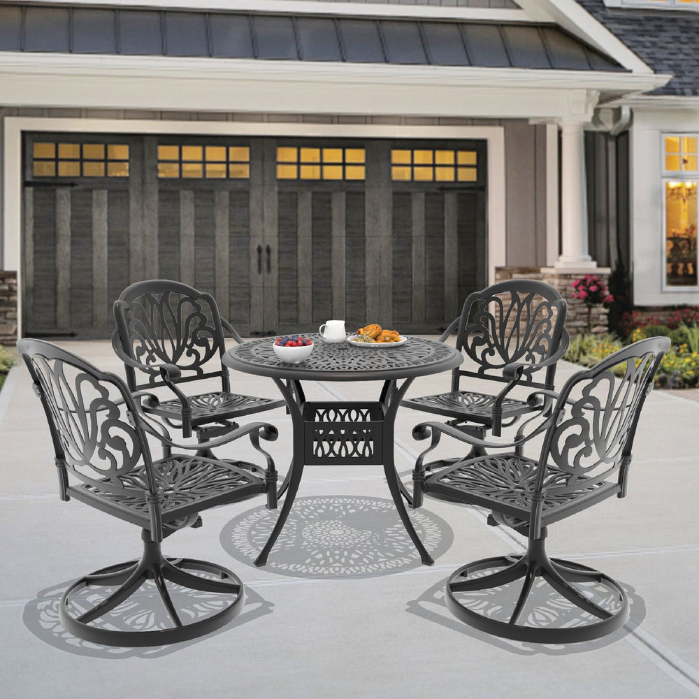 English Elm 5-Piece All-Weather Cast Aluminum Dining Set With Swivel Chairs & Umbrella-Ready Round Table W1710S00263