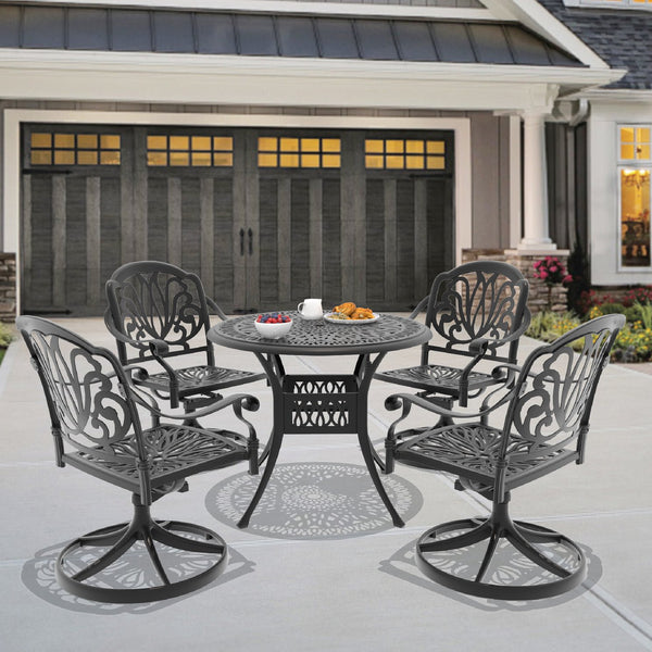 English Elm 5-Piece All-Weather Cast Aluminum Dining Set With Swivel Chairs & Umbrella-Ready Round Table W1710S00263