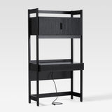 Holmes Modern Writing Desk with Outlet & USB Port, Reeded Drawer, and Hutch Storage Black WEHOL42OS3BL0 Walker Edison