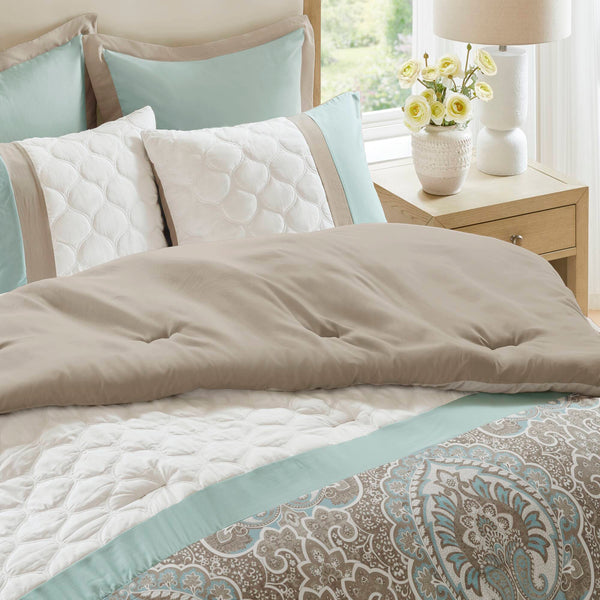 JLA Home 510 Design - 8 Piece Comforter Set with Seafoam & Brown Damask, Diamond Quilting, Hypoallergenic Microfiber Elegance 90 L x 90 W x 1.5H 5DS10-0050