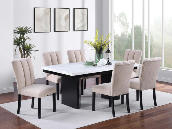 English Elm Classic Two-Tone Faux Marble Dining Set – 7Pc Table & 6 Upholstered Chairs For Elegant Spaces B011S01881