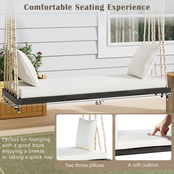 English Elm TOPMAX Acacia Wood Patio Swing Chair with Cushion & Pillows, 63" Comfortable Seat, 400lb Capacity Brown N717P210136D