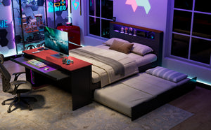 English Elm Full Size Wood Platform Daybed with Trundle Desk Rgb Led Lighting Gaming Bedroom Black+Red LT000284AAR