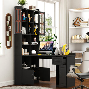 English Elm L-Shaped Corner Computer Desk with Hutch & Drawers, Space-Saving 2-in-1 Design and Ample Storage Black W331S00170
