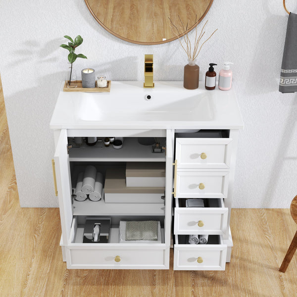 English Elm 35.6" Freestanding Bathroom Vanity with Roman Column Base and Ceramic Integrated Sink White W1801S00003