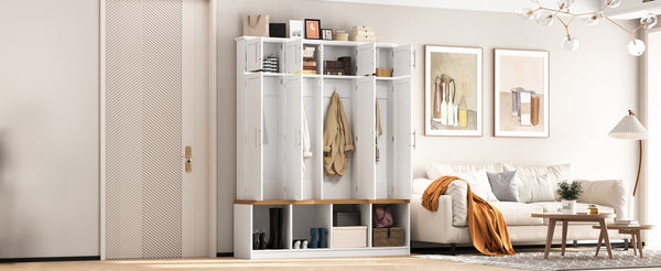 English Elm Wood Entryway Hall Tree with Bench Seating Coat Hooks Shoe Cubbies Cabinet White W5271S00004