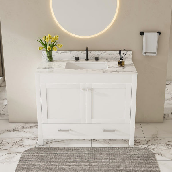 English Elm Modern 43" Bathroom Vanity With Luxurious Carrara White Top, Soft-Close Drawers & Sturdy Storage Solutions W509S00143
