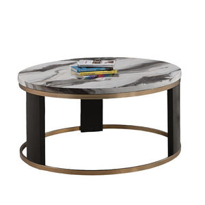 English Elm Contemporary Round Cocktail Table With Marble Top, Gold Accents & Wooden Legs For Modern Living Spaces B2741P395327