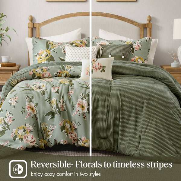 English Elm 7-piece Cal King Vintage Floral Comforter Set with Reversible Stripe and Bed Skirt B035P440214