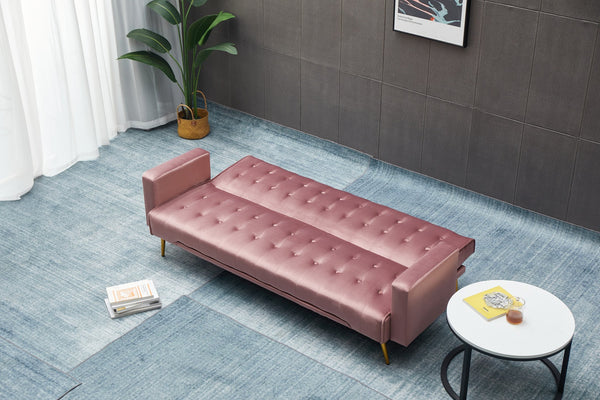 English Elm Sofa Bed Velvet Upholstered Convertible with Gold Metal Legs for Studio Spaces Rose B205P246428