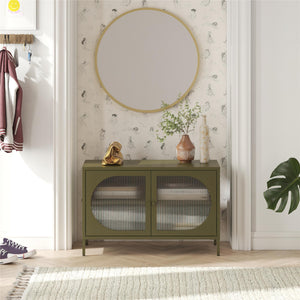 English Elm Luna Wide 2-Door Accent Cabinet with Oval Fluted Glass Doors, Metal Storage Cabinet with Shelves B2733P395016