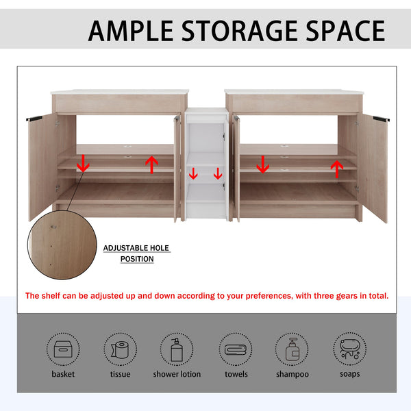 English Elm 84 Inch Freestanding Bathroom Vanity with Integrated Resin Sink, Soft-Close Doors, Shelves & Extra Storage Space Glossy White,Plain Light Oak W999S00320