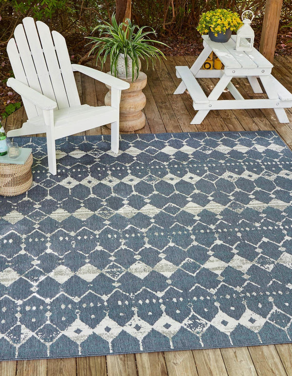 Unique Loom Outdoor Trellis Cardak Machine Made Geometric Rug Navy Blue, Ivory/Green/Gray 7' 10" x 7' 10"