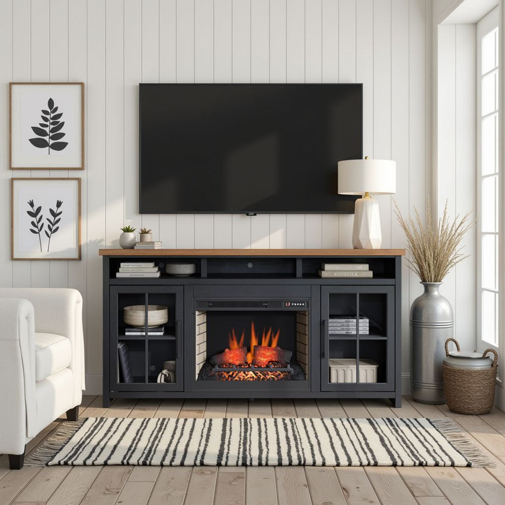 English Elm 74 Fireplace TV Stand Console for TVs up to 85", Two-Tone Black & Whiskey, Electric Insert, Storage B108P160222