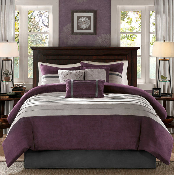 English Elm 7 Pc Faux Suede Comforter Set In Rich Plum & Grey – King Size, Elegant Design With Decorative Pillows B03596910