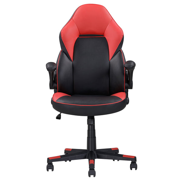 English Elm Adjustable Bonded Leather Office Chair with Butterfly Mechanism, 360° Swivel, Padded Headrest & Flip-Up Arms for Ergonomic Comfort and Productivity Black+Red 29 L x 26 W x 14 H B2741P281452