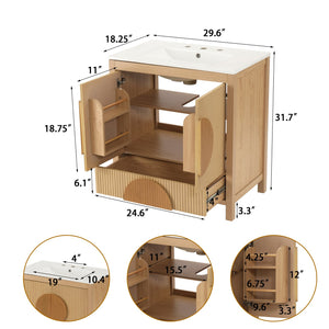 English Elm 30 Inch Fluted Freestanding Bathroom Vanity Solid Wood Soft Close Spa Style W5278S00004