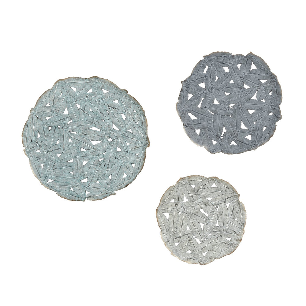 JLA Home Madison Park - Textured Feather 3-Piece Metal Disc Wall Decor Set — Blue Iron Feather Cutouts, 10" Durable Coastal Accents MP167-0096
