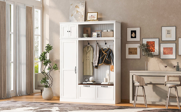 English Elm 3-in-1 Entryway Hall Tree with Cabinet Hooks Bench Drawers and Adjustable Shelving White SJ000160AAK