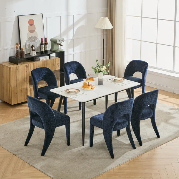 English Elm Dark blue chenille dining chair Set of 2 with hollowed backrest, iron frame, KD assembly, 300lb capacity, luxe comfort W3615P340359
