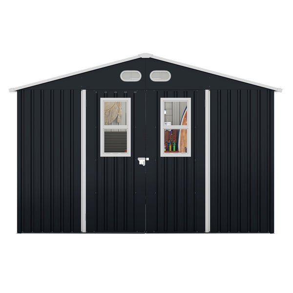 English Elm Outdoor Metal Storage Shed 8x10 with Four Windows Lockable Doors Waterproof Steel W1598S00038