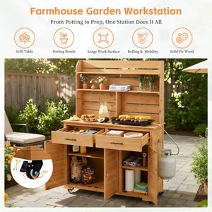 English Elm (assembly Video) Topmax Solid Fir Outdoor Potting Bench Grill Cart with Hutch Storage Natural Wood N717P404333A