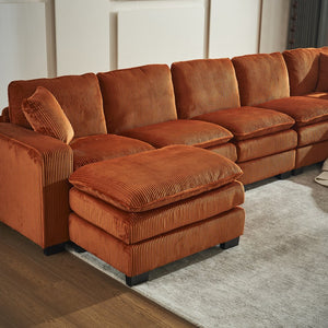 English Elm Modern U Shaped 6-Seat Sectional Sofa with Ottoman and 3 Toss Pillows, Corduroy Modular Comfort and Durable Frame Orange W2363S00043