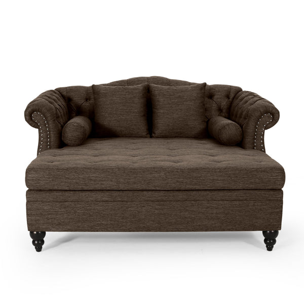 English Elm Christopher Knight Home® - LOVESEAT Double Chaise Lounge with Nailhead Trim and Button Tufting, Scroll Arms, Elegant Accent Pillows Brown 54 L x 33 W x 17.5 H N776P298704B
