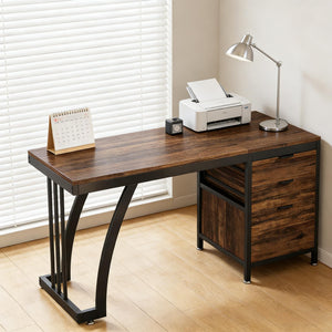 English Elm Extensive Industrial Writing Desk with Metal Frame Three Drawers and File Storage T3971P450857