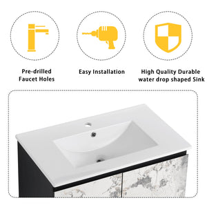 English Elm 30" Wall-Mounted Bathroom Vanity Set With Ceramic Sink, Soft-Close Doors & Ample Storage Solution W999S00331