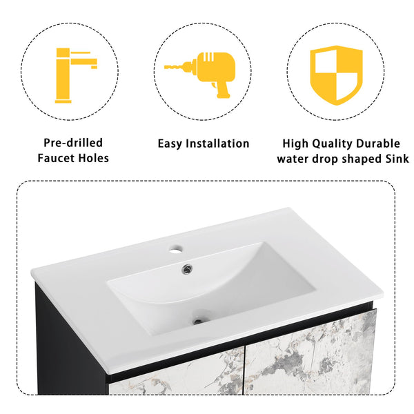 English Elm 30" Wall-Mounted Bathroom Vanity Set With Ceramic Sink, Soft-Close Doors & Ample Storage Solution W999S00331