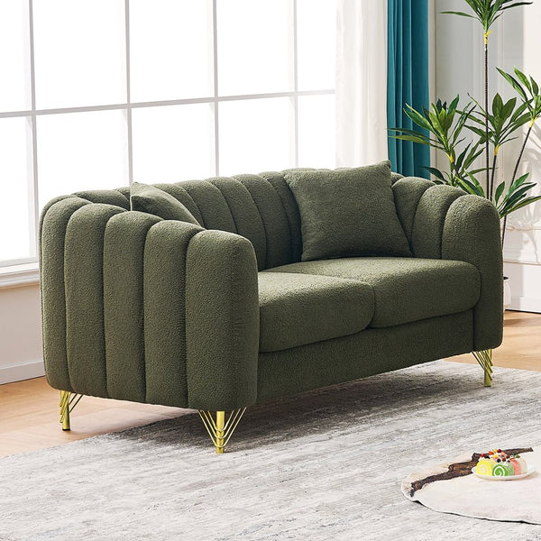 English Elm 63" Chenille Loveseat Sofa Luxury 2-Seater Deep Tufted Couch with Gold Metal Legs and Pillows Green W3373S00054
