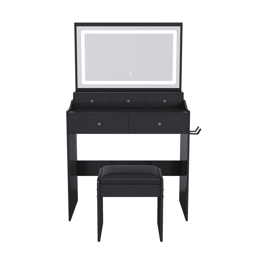 English Elm New Large Mirror Vanity Desk with 5 Drawers, Built-In Outlet & Hairdryer Holder, 3-Mode LED Lighting Black W509P339033