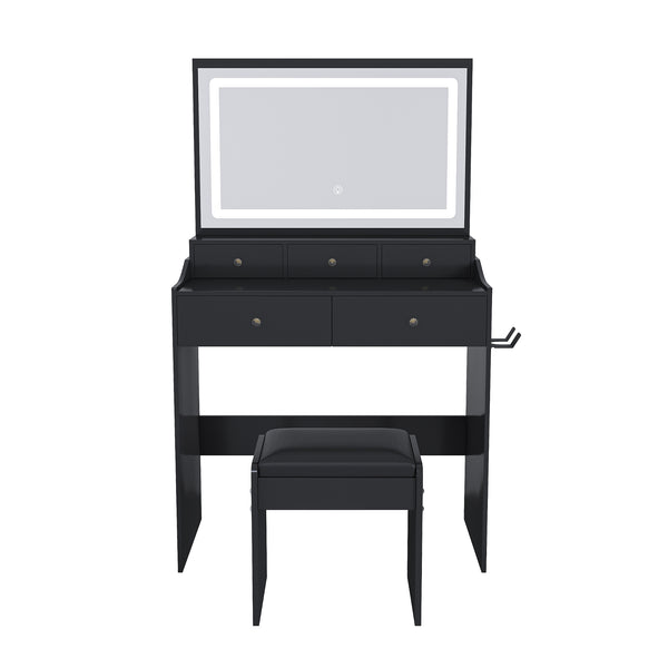 English Elm New Large Mirror Vanity Desk with 5 Drawers, Built-In Outlet & Hairdryer Holder, 3-Mode LED Lighting Black W509P339033
