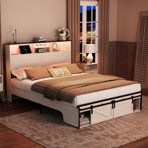English Elm Farmhouse Full Size Bed Frame With Smart Storage, Charging Station, & Led Lights For Modern Comfort W1550P343689