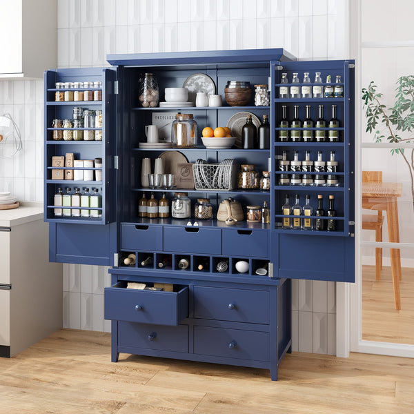 English Elm Topmax Freestanding Pine Wood Kitchen Pantry Cabinet with Wine Rack Blue SP000070AAC