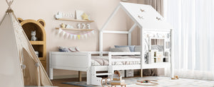 English Elm Full Bunk Bed with Trundle Bookshelf Storage Pine Frame Car Design for Kids Light White W1580S00295